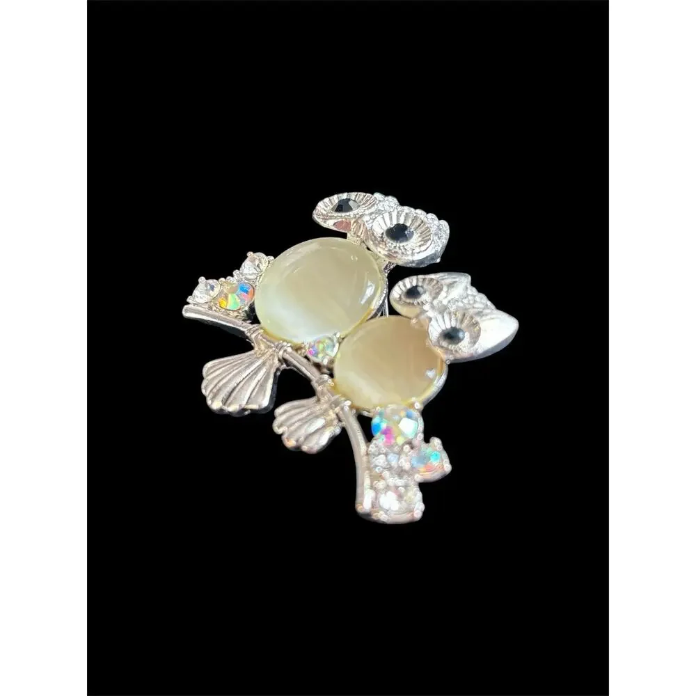 Vtg 1990 Napier Classic Jelly Belly Two Owls On A Branch Brooch Crystal Sparkle